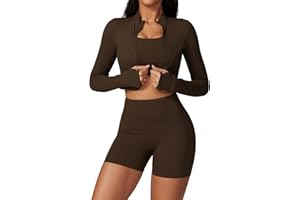 Workout Sets for Women 3 Piece High Waisted Seamless Shorts Crop Top Jacket Gym Yoga Outfit Stretchy Sports Bra Sets
