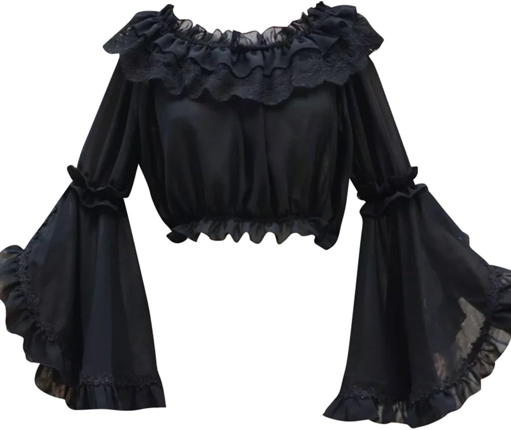 COUCOU AgeLolita Strapless Shirt Blouse Chiffon Trumpet Sleeves for Women Girls