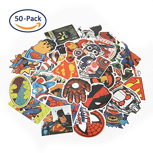 Cartoon Stickers, Echeer Superheros PVC Waterproof Stickers for Decorate Laptop, Notebooks, Car, Bicycle, Skateboards, Luggage etc (50PCS No-Duplicate Stickers Pack) (Pack-A)