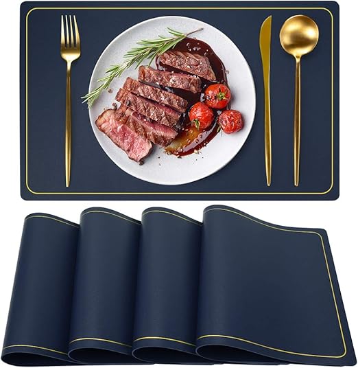 WEHVKEI Navy Blue Placemats Set of 4, Waterproof Wipeable Washable Indoor Placemats for Dining