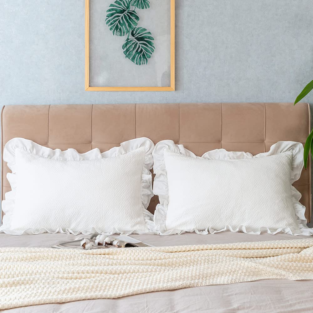 Photo 1 of GLORY SEASON Pillow Shams Set of 2 Pure Cotton Champray Ruffled Edge,Thick and Solid Washed Dobby Heavy Fabric (King 20x36 inches)