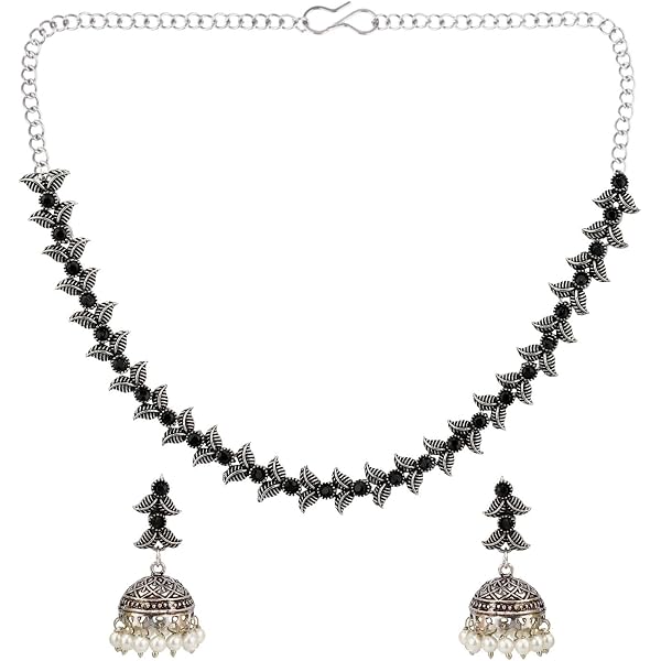 Indian Oxidized Jewelry Set For Women - Floral Crystal Choker Necklace & Dangle Earrings Bridal Boho Set - View #5