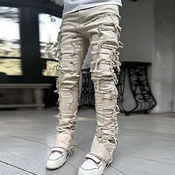 Kodaruber Mens Stacked Jeans Slim Fit Ripped Skinny