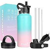 Water Bottle Insulated 32oz 40oz 64oz 128oz Straw Lid Spout Lid & 3 Lids, Leak Proof, Vacuum Insulated,Stainless Steel Water Bottle Wide Mouth for Sports, Gym or Office