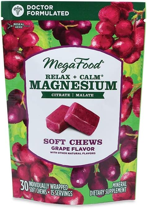MegaFood, Relax + Calm Magnesium Soft Chews, Grape Flavor, 30 Chews