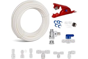 1PLUSSELECT 49.2Ft Refrigerator Water Line Kit for 1/4" OD Water Supply Pipe Tube, Ice Maker Fridge Installation Kit with T-piece 3/8x3/8x1/4" Connection, Various Adapters for Quick Easy