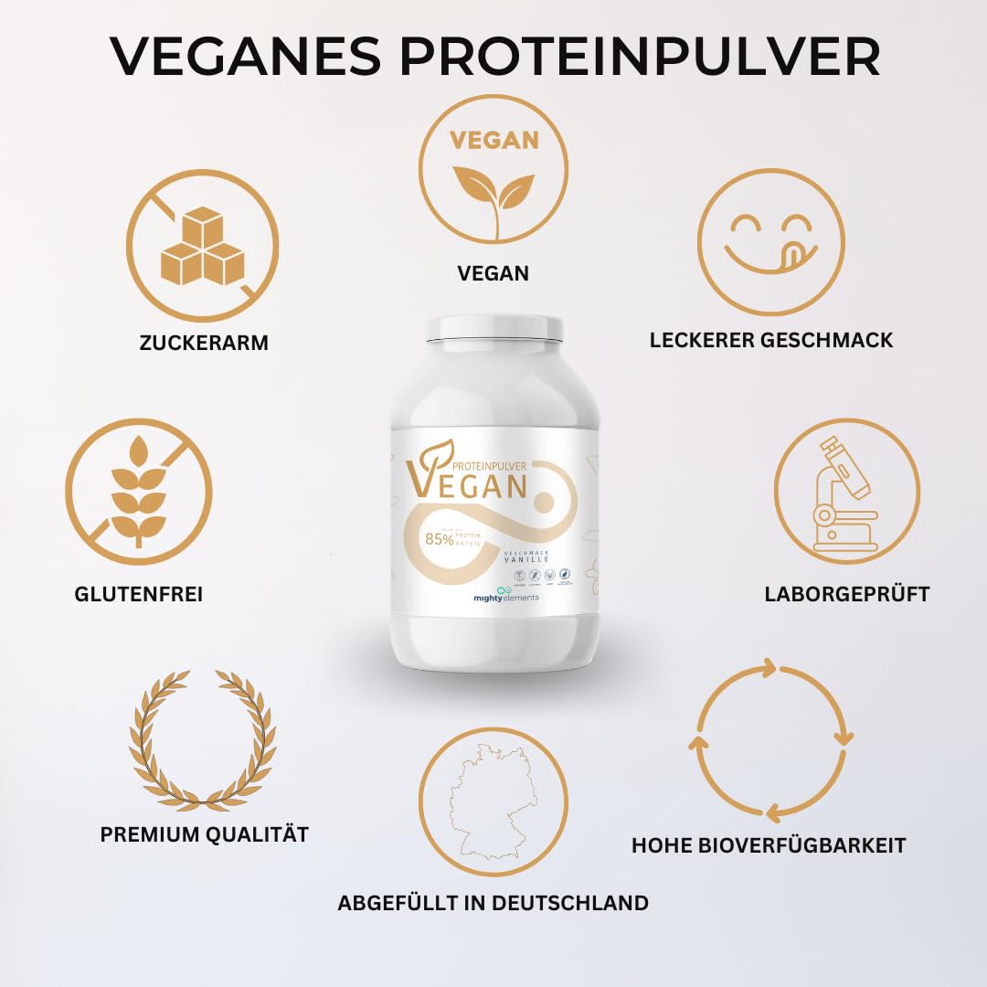 Mighty Elements VEGANES PROTEIN VANILLE 1kg - 85% pflanzliches Eiweiß, 5k-Proteinpulver Eiweißpulver ohne Gluten, Laktose & Milcheiweiß, Eiweißshake, Muskelaufbau 5