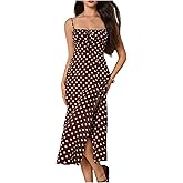 Milumia Women's Polka Dots Spaghetti Strap Maxi Dress Tie Front High Slit Flowy Sundresses