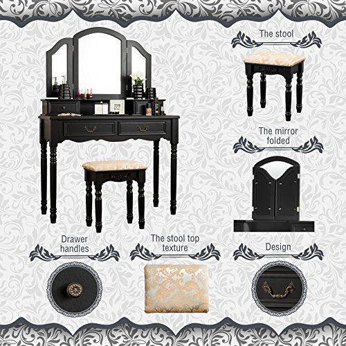 Fineboard FB-VT06-BKV Elegant Vanity Set Makeup Dressing Table with 3 Mirrors and Stool, 4 Drawers, Black