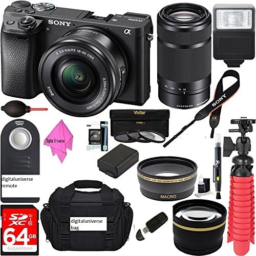 Sony Alpha a6500 24.2MP Wi-Fi Mirrorless Camera 16-50mm &amp; 55-210mm Zoom Lens (Black) + NP-FW50 Spare Battery + Accessory Bundle