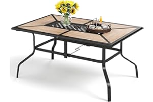 PHI VILLA Outdoor Dining Table for 6, Rectangular Metal Wrought Iron Table with Polywood Tabletop and Umbrella Hole, Large Heavy-Duty Furniture for Patio, Deck, Yard, Porch