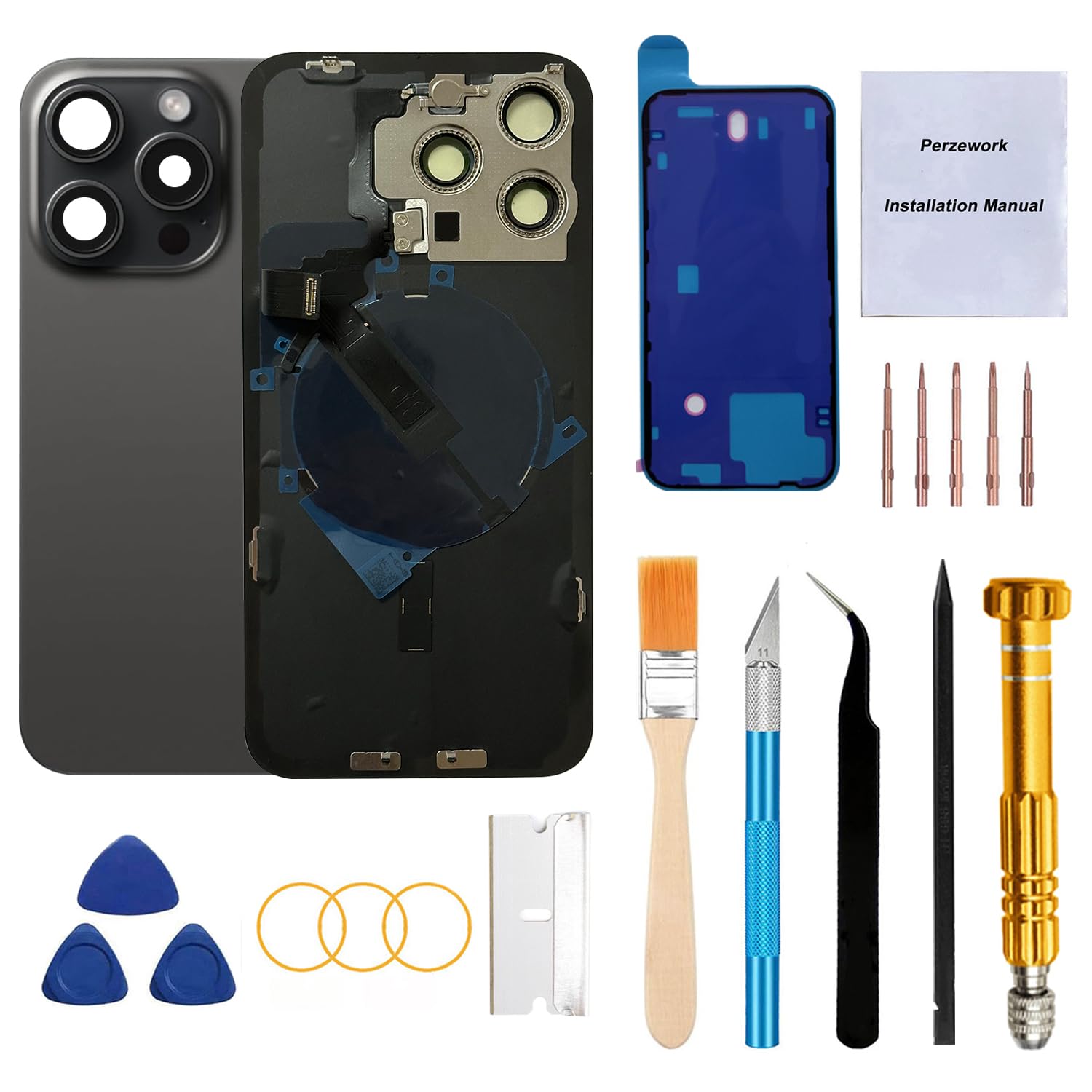 Photo 1 of Perzework Rear Back Glass Replacement for iPhone 15 Pro 6.1-inches with Reparing Tool Kit and All Necessary Parts (Black Titanium)