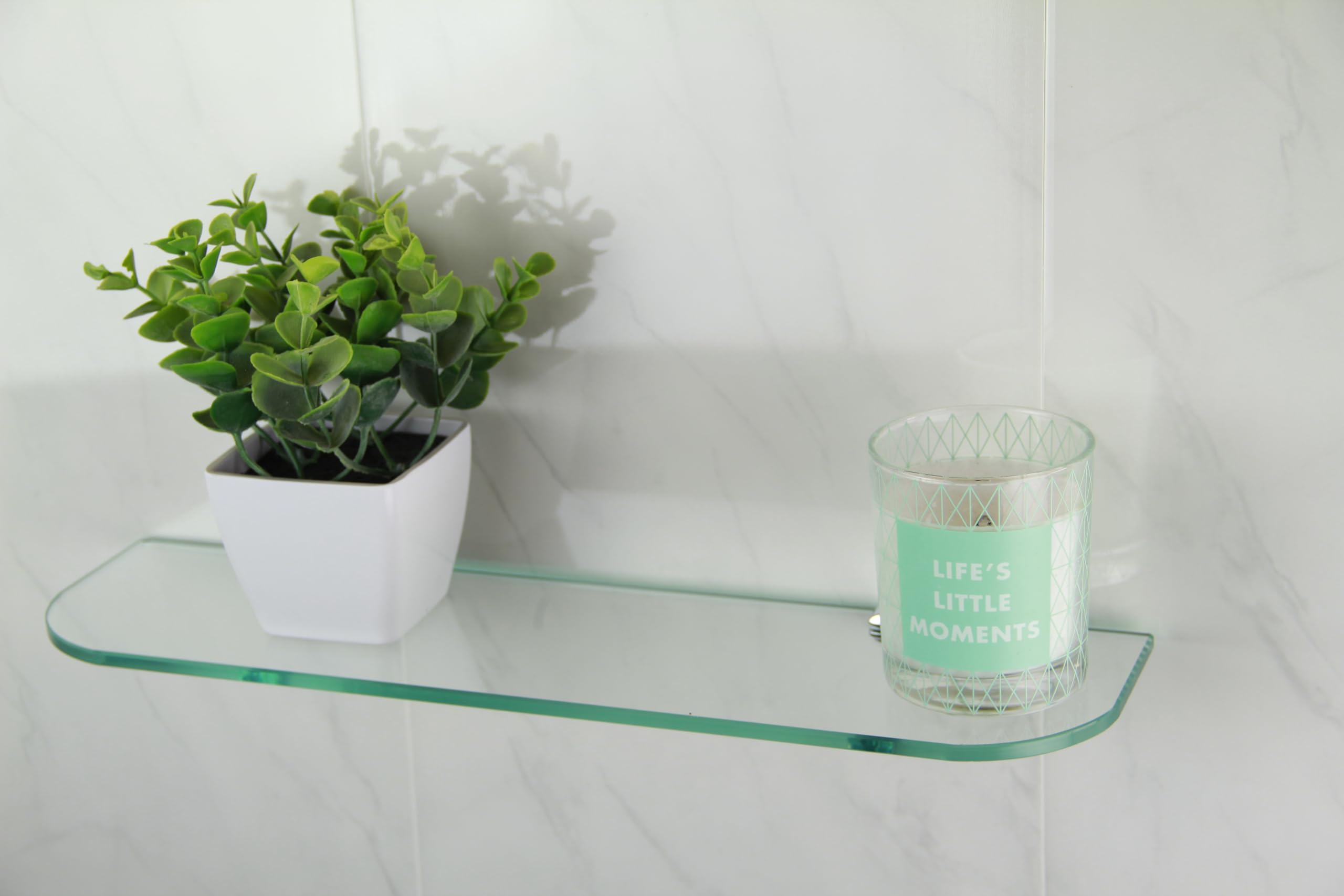 BSM Marketing 400mm x 100mm Toughened 6mm Glass Shelf with Curved Corners and Chrome Finish Supports