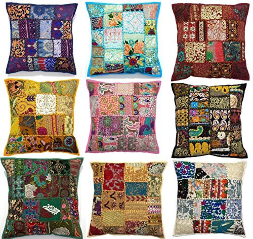 10pc Embroidered Sari Patchwork Cushion Cover , 17x17" Indian Ethnic Pillow Covers , Handmade Patchwork Cushion Pillow , Sari Patch Throw Pillow