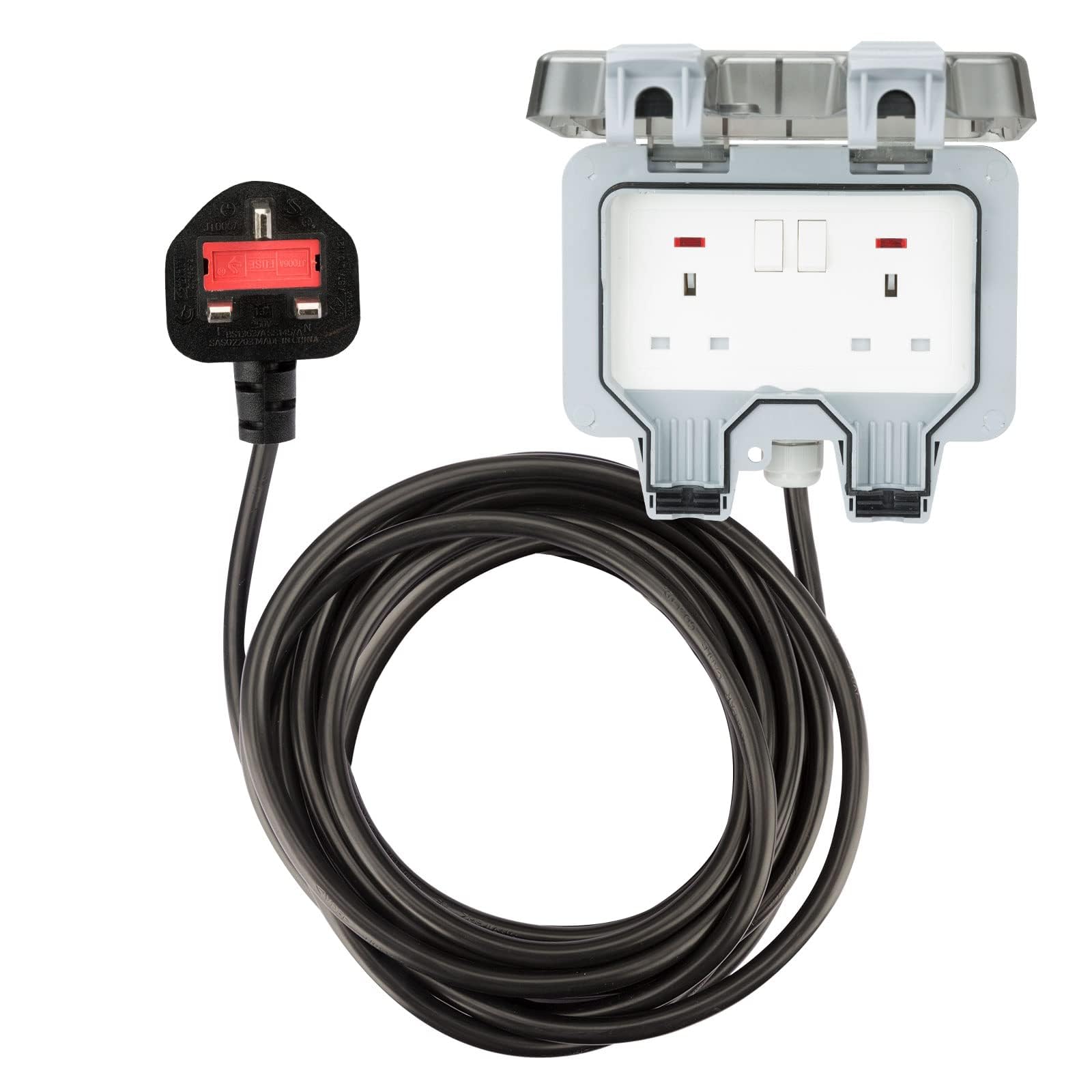Haraqi 10M 2 Way 2 Gang IP66 Waterproof Outdoor Extension Lead Socket with Switch Indicator Light
