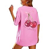 BINTEHGS Oversized Graphic Tees for Women Trendy Cherry Printed Shirt Cute Summer Aesthetic Cotton Tshirts Tops for Teens
