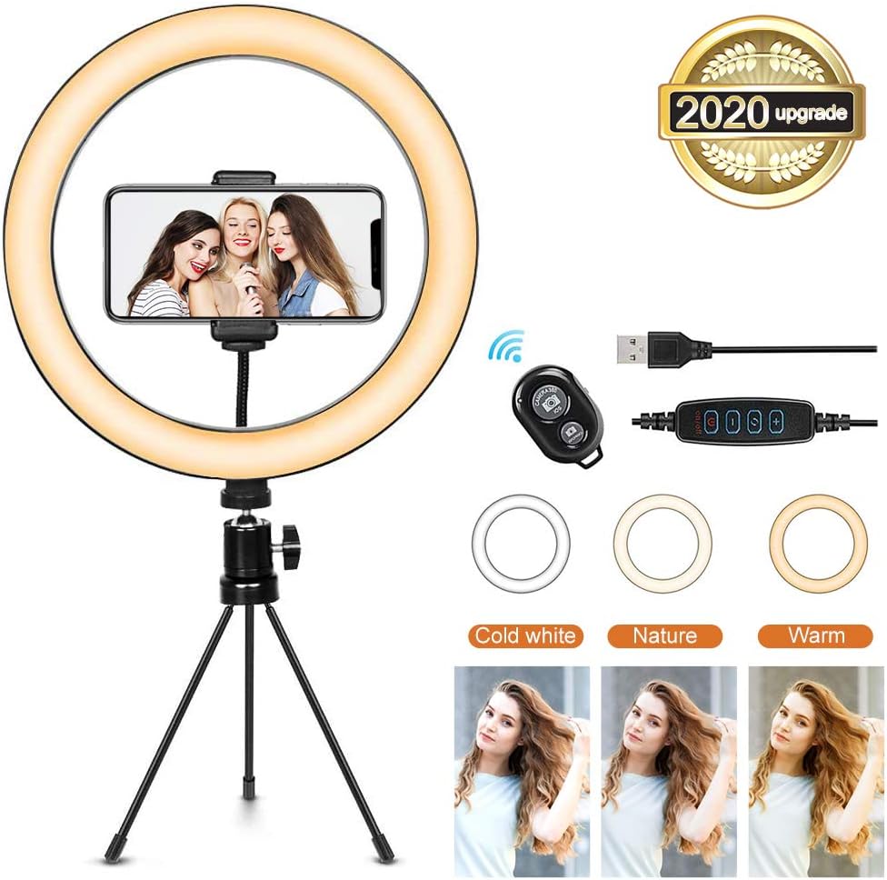LED Ring Light 10" with Tripod Stand & Phone Holder for Live Stream/Makeup/YouTube/Laptop, Selfie Ring Light with 3 Light Modes & 10 Brightness Level & Camera Remote Shutter