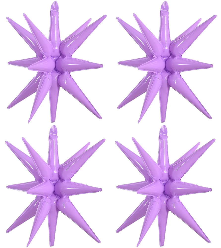 Toniful 4 Pcs 22inch 4D Purple Starburst Cone Mylar Balloons - 14Point Star Foil Balloons for Party Supplies - Christmas, New Year, Birthday, Wedding, Photo Booth Ornament
