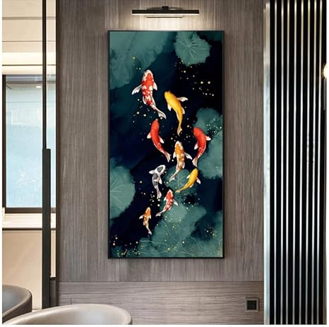 Amazon Co Jp Zhaoyangeng 鯉の風水鯉の蓮の池の写真キャンバス絵画リビングルームの壁の芸術現代の家の装飾 40x80cmフレームなし ホーム キッチン