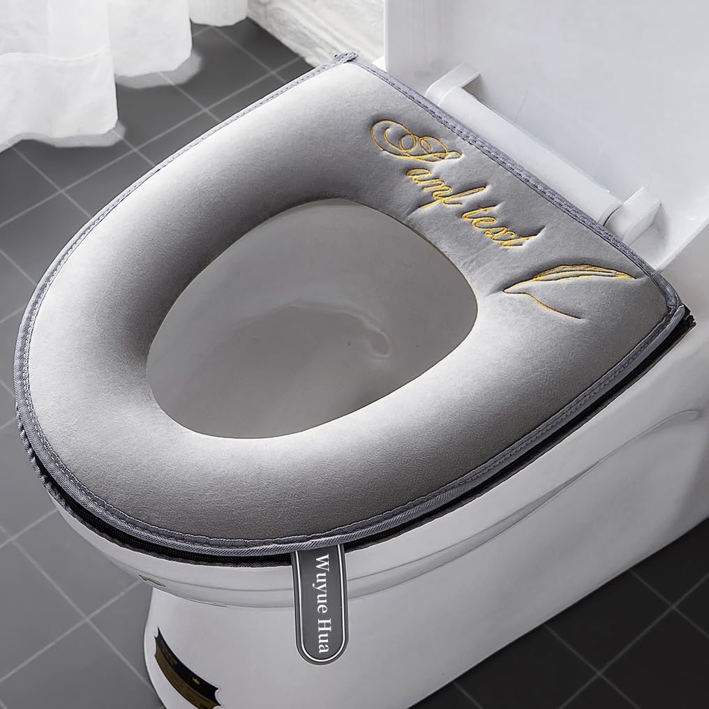 2 Pieces Thicker Bathroom Soft Toilet Seat Cover Pad with Handle Toilet Lid Cover Cushion Soft Thicker Washable Fits All Oval Toilet Seats Gray
