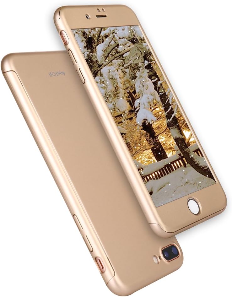 AnsTOP iPhone 8 Plus Case, iPhone 7 Plus Case, 360 Full Body Case Coverage Protective Dual Layer Thin Hard Case with 2 Pcs Tempered Glass Screen Protector for iPhone 7 Plus, iPhone 8 Plus (Gold)