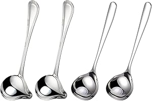 Sweetfamily 4 Pack Gravy Ladle,18/10 Stainless Steel Sauce Drizzle Spoon with Spout for Spooning Gravies and Sauces,7.8 Inche