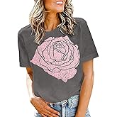 Rose Graphic Tees for Women Short Sleeve Loose Tshirts Cute Summer Tops