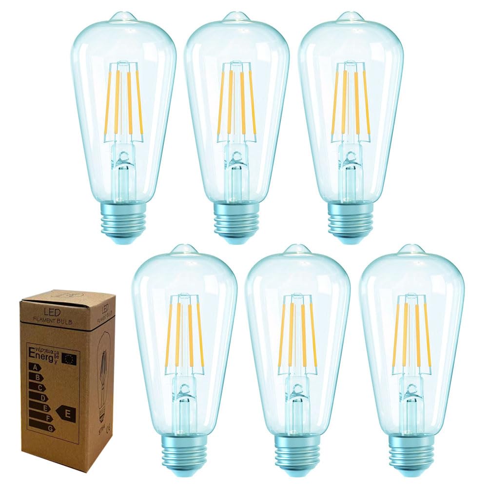 Golopatop E27 LED Filament Edison Screw Bulbs, 4W Energy Saving Cool White 6000K ST64 LED Vintage Light Bulbs Clear Glass E27 Squirrel Cage Retro Edison Bulbs, 40W Equivalent, Non Dimmable, 6Pack — image 1
