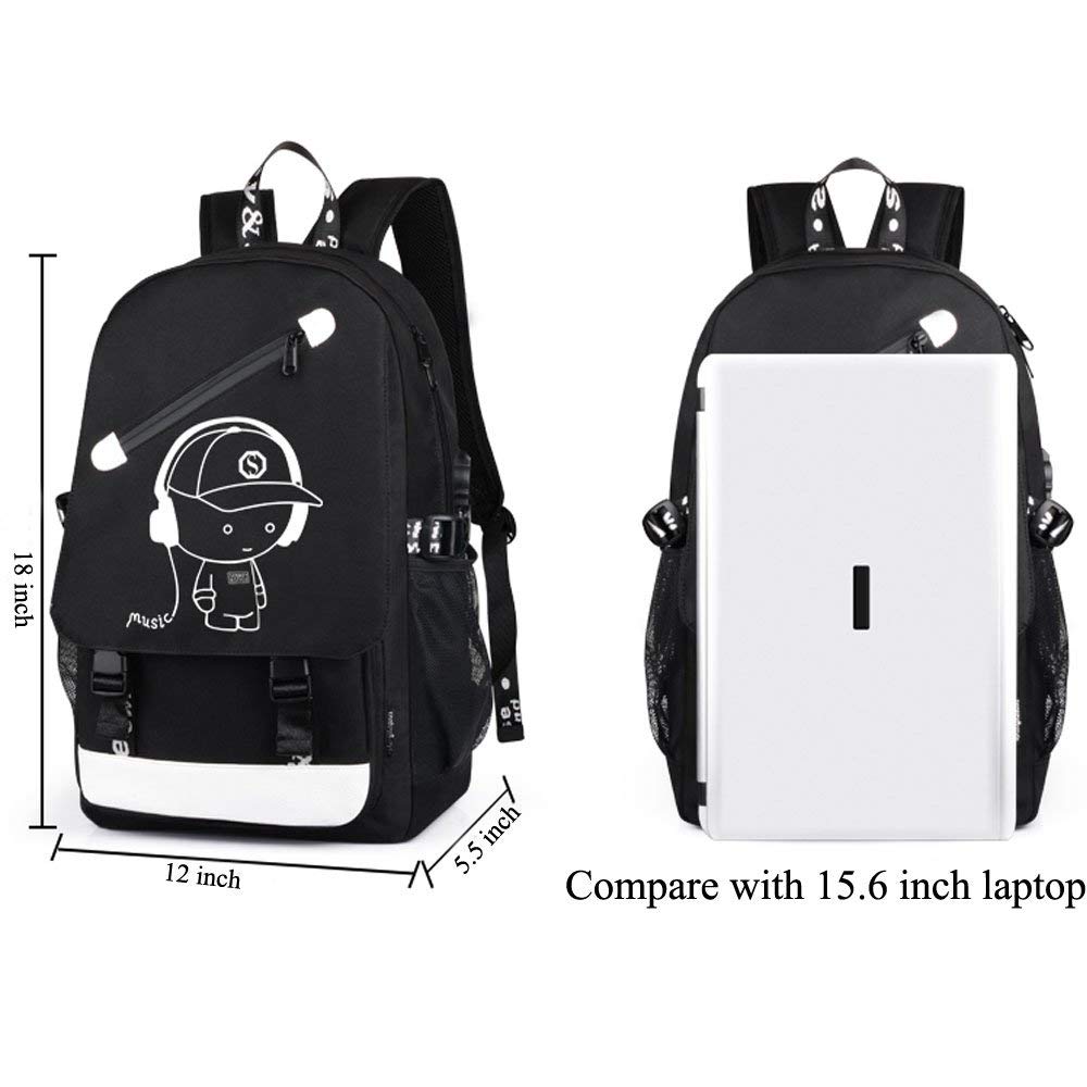 School Backpack for Boys, Cartoon Luminous Bookbag 15.6inch Laptop Bag with USB Charging Port - Music Black
