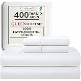 CHATEAU HOME COLLECTION Egyptian Cotton Sheets Queen Size, 400 Thread Count Deep Pocket Bed Sheet Set – Soft Cooling Sateen Weave, Fits Mattresses Up to 17”, White