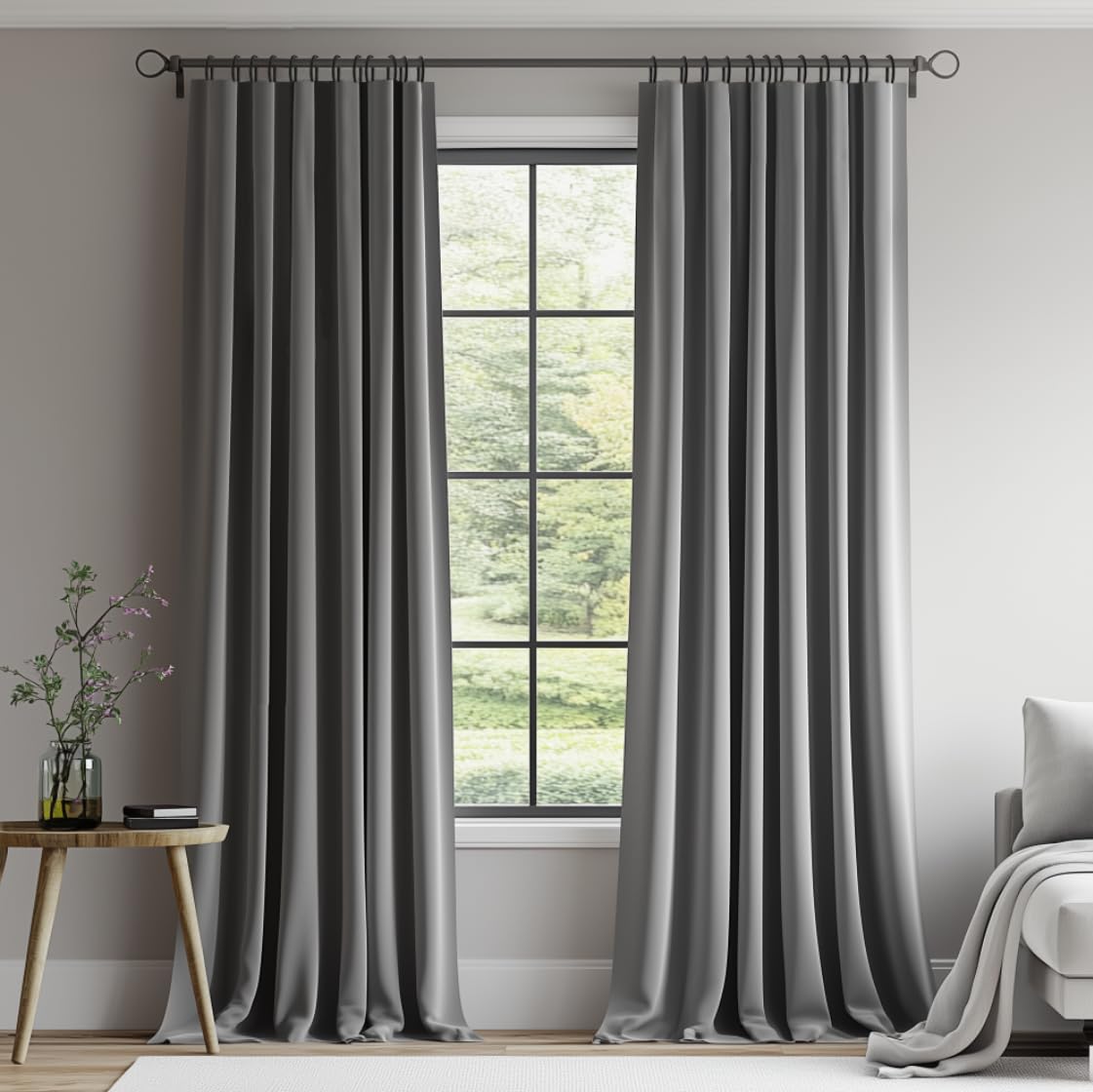 Topfinel Gray 96 Inches Long Velvet Room Darkening Curtains, Noise Reducing Black Out Grey Boho Thermal Insulated Light Blocking Privacy Warm Modern Curtains for Winter, 2 Panels with Hooks for Track Image