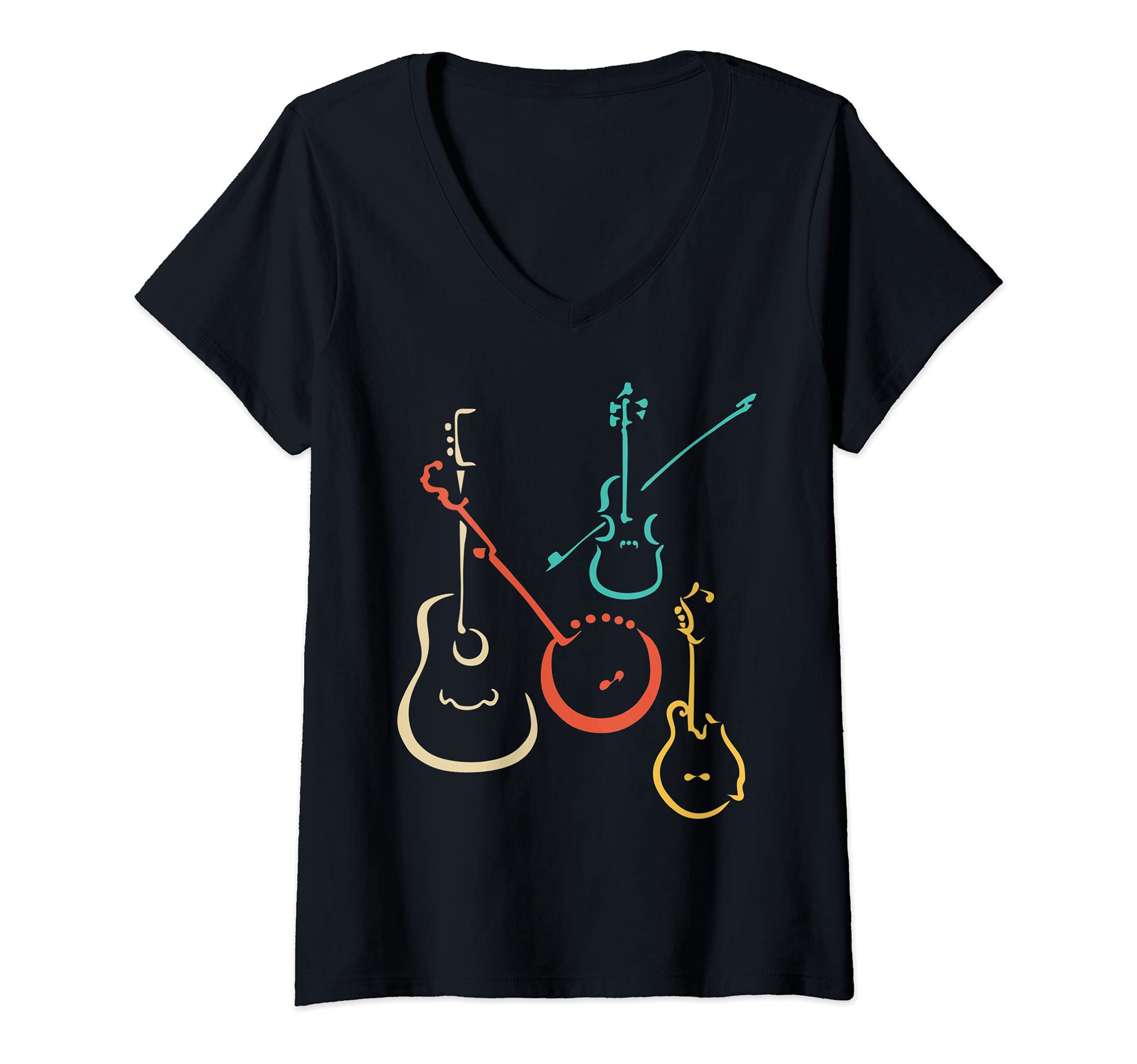 Womens Retro bluegrass, mandolin, guitars, banjos, fiddles, V-Neck T-Shirt