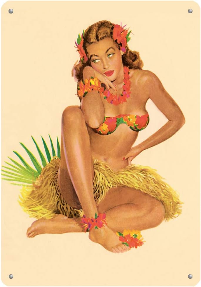 New Vintage Retro Metal Tin Sign Hawaiian Pin Up Girl Aloha Beauty Girl Outdoor Street & Home Bar Club Kitchen Restaurant Wall Art Decor Plaque Signs 12X8Inch