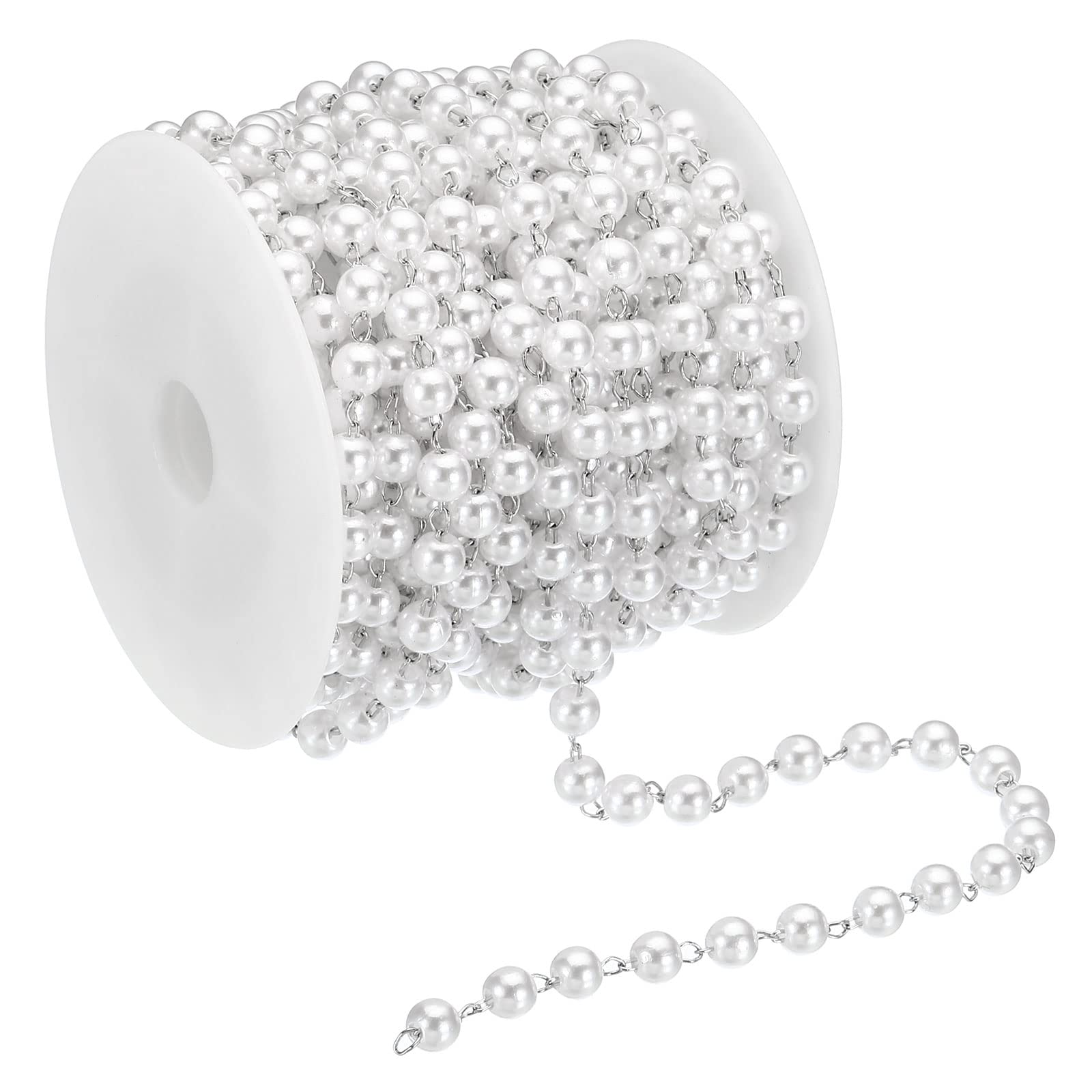 PATIKIL 5m/16 Feet Faux Pearl Beading Chain with Spool, 5mm Brass Chain Link for Decoration Making DIY Accessories Style 1, Silver