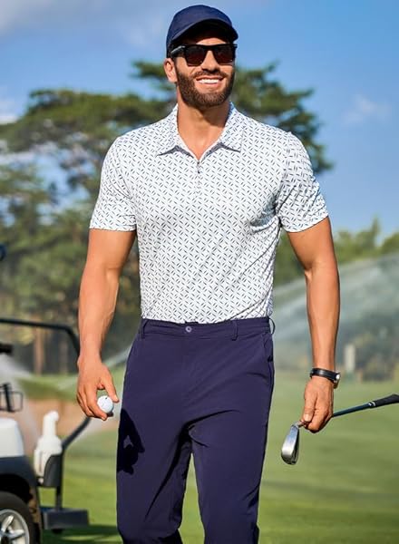 JMIERR PREMIUM GOLF SHIRTS FOR MEN MOISTURE WICKING QUICK DRY PRINT PERFORMANCE ZIPPER COLLARED POLO SHIRT, S, DUSK BLUE