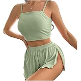 SweatyRocks Women's 2 Piece Ribbed Knit Crop Camisole Top and Split Shorts Pajamas Set