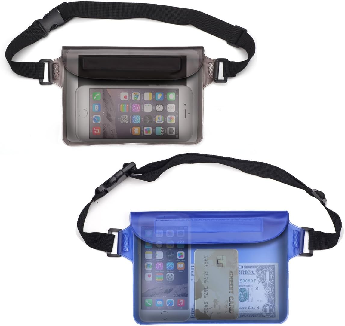 RIXOW Waterproof Pouch Waterproof Case Bag with Adjustable Waist Strap for Beach, Swim, Boating, Kayaking, Hiking,Black & Blue [2 Pack]