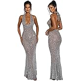 Women's Sheer Mesh Deep V Neck Dress Sparkly Sequins See Through Halter Long Dress Sleeveless Bodycon Maxi Dresses Party Outfits Light Gray