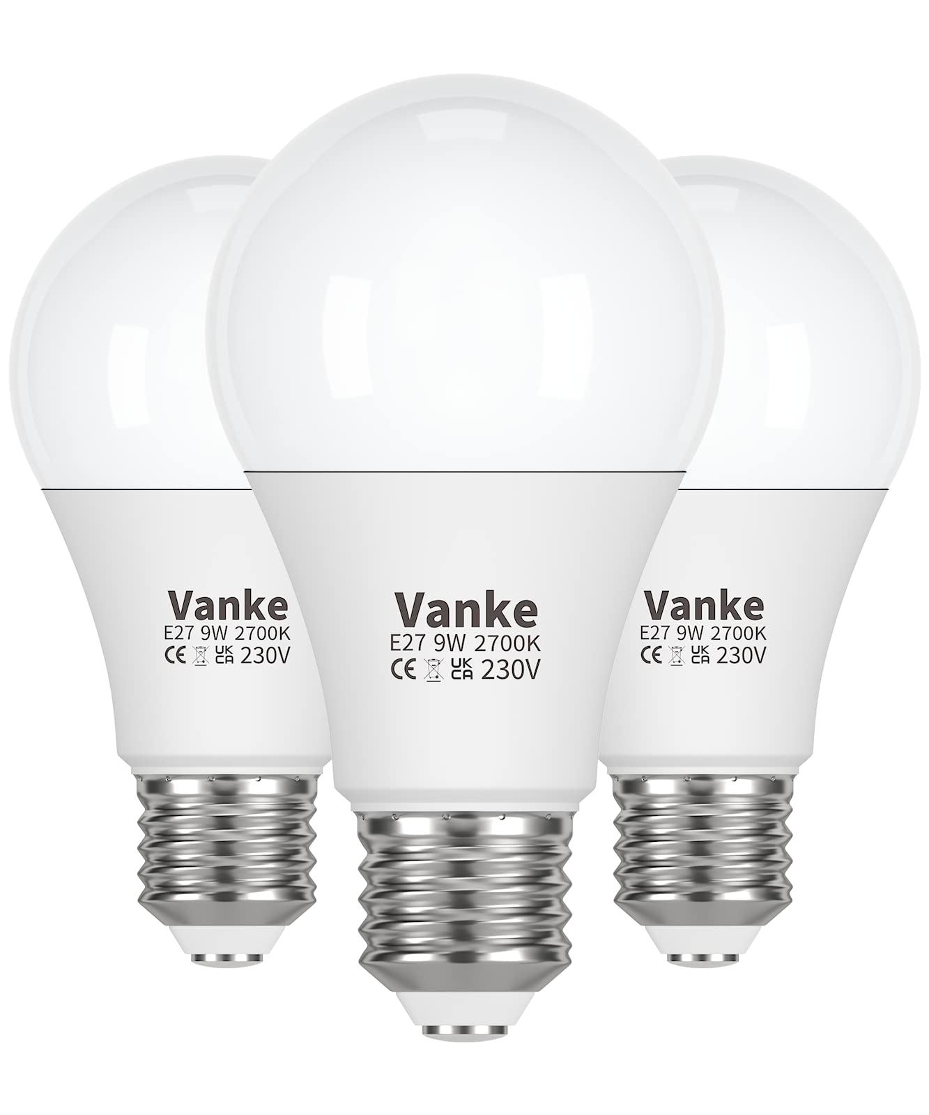 Vanke E27 Screw LED Bulb, Warm White 2700K Yellow Light, 60 Watts Equivalent, 9W ES Bulbs, Screw in Light Bulb, 806 Lumen, Non-Dimmable, Pack of 3