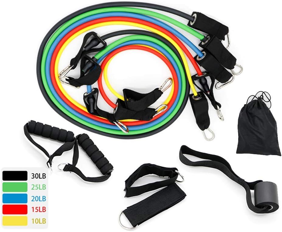 MMRLY Resistance Bands 11 Set of 5 color Stackable Exercise Bands with Handles Door Anchor Attachment Legs Ankle Straps Legs Butt Home Training Stretching Strength