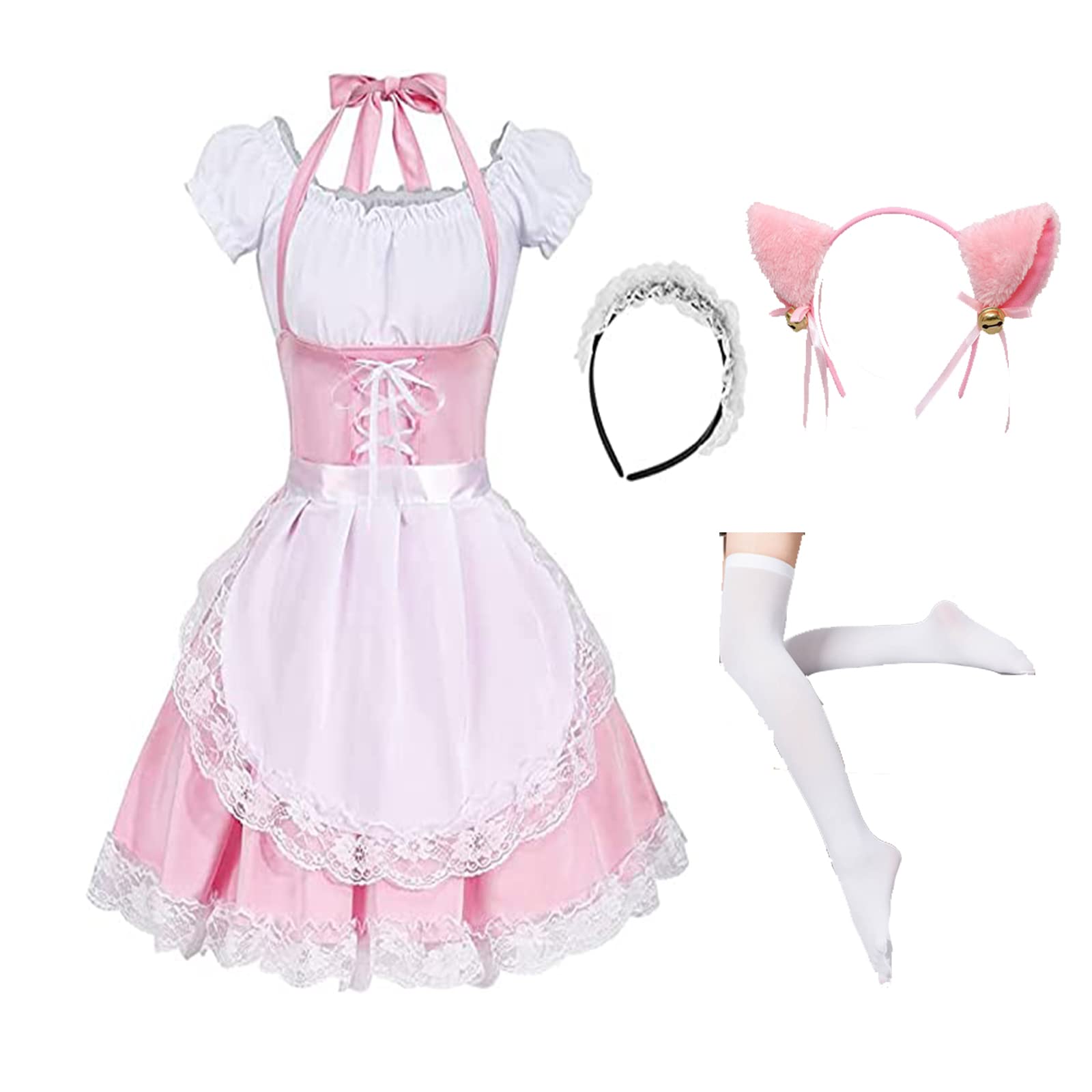 maxToonrain Maid Costume Women,Women's Halloween Costumes Cosplay Cute Party Fancy Dress French Maid Outfit Dress for Womens Girls(Pink6pc,M)