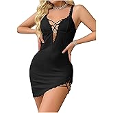 SHENHE Women's Ribbed Deep V Neck Floral Print Lace Trim Sexy Nightgown Chemise Slip Dress