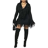 Famnbro Women 2 Piece Sweater Skirt Set V Neck Tassel Sweaters and Fringe Mini Bodycon Skirt Sexy Fall Winter Outfits
