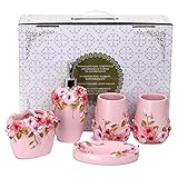 Fuloon Country Style Resin 5PC Bathroom Accessories Set Soap Dispenser/Toothbrush Holder/Tumbler/Soap Dish (Pink)