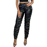 hibshaby Stretchy Faux Leather High Waist Pants for Women, Stacked Leggings Trendy High Waist Trousers Black