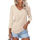 Minetom Women's V Neck 3/4 Sleeve T Shirt Solid/Color Block Casual Basic Tops Summer Tees