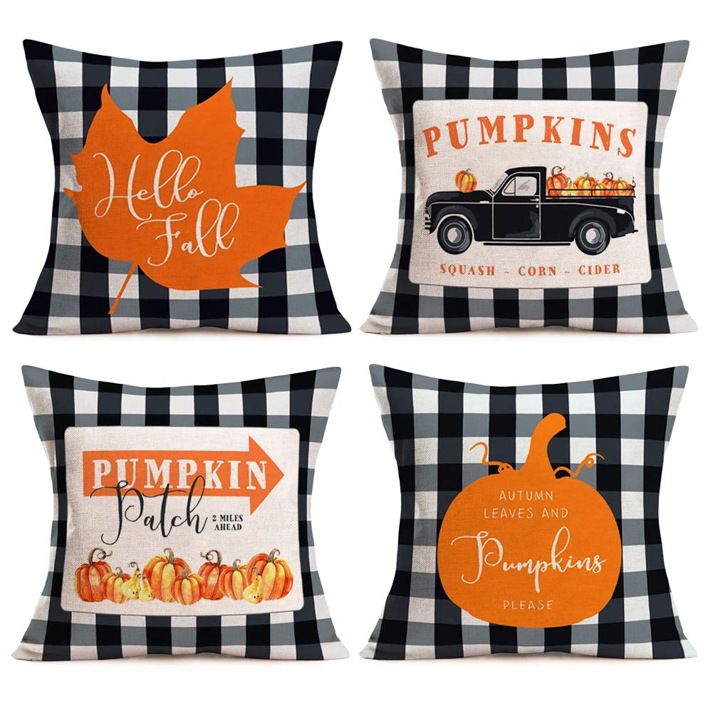 Asamour Pack of 4 Fall Buffalo Plaids Pumpkin Leaves Harvest Truck Throw Pillow Covers Autumn Farmhouse Decorative Cotton Linen Halloween Thanksgiving Blessing Quote Cushion Cover Pillow Case 18''x18'
