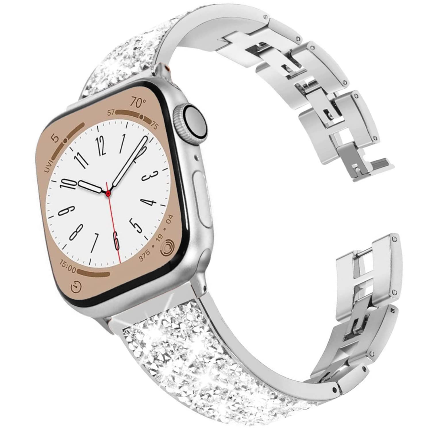 DEALELE Strap Compatible with iWatch 38mm 40mm 41mm, Luxury Diamond Rhinestone Metal Steel Replacement Bracelet for Apple Watch Series 9/8 / 7/6 / 5/4 / 3 / SE Women Men, Silver