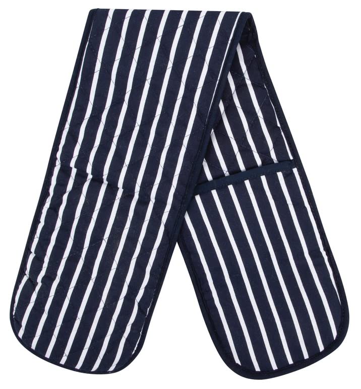Navy Double Oven Gloves - Heat Resistant Oven Mitts for Home Kitchen Baking and Cooking, Butchers Stripe Pot Pan Tray, Heavy Duty Cooking Gloves