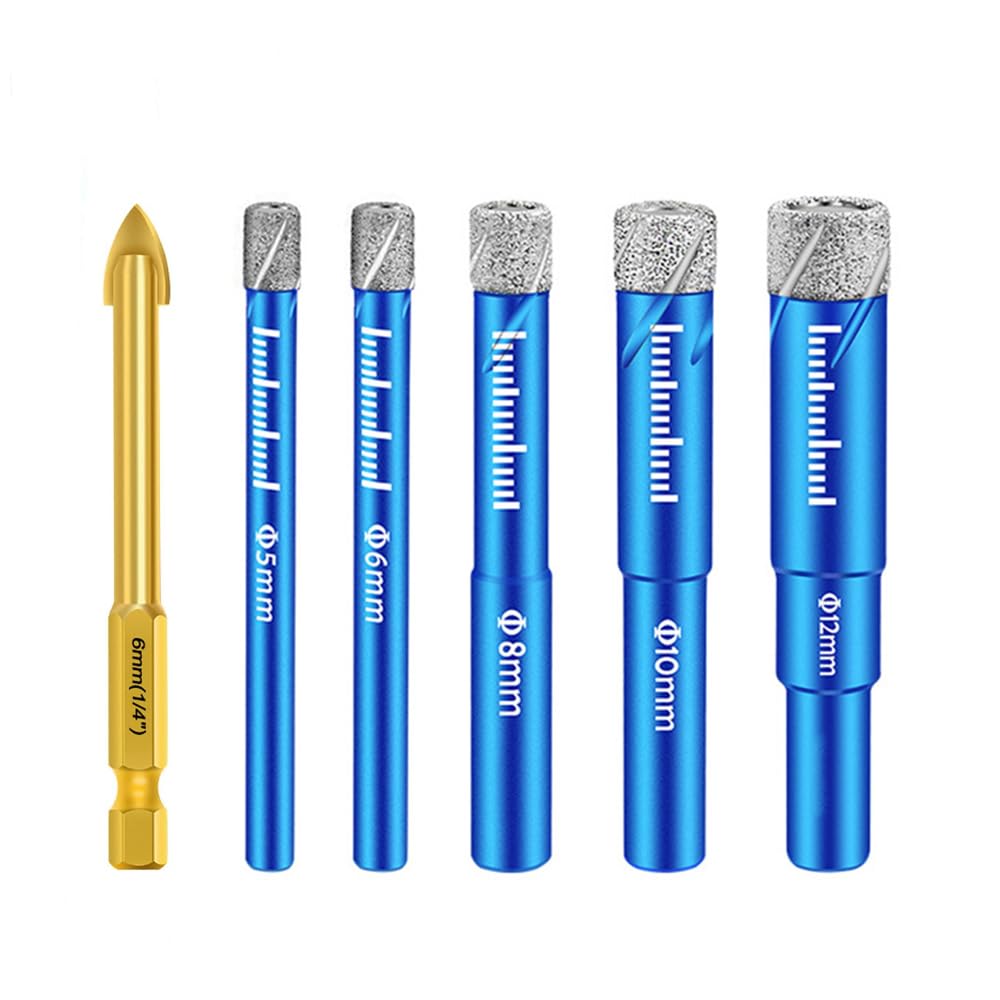 Tile Drill Diamond Drill Glass Drill Set 5 Pieces 5/6/8/10/12 mm with 6 mm Carbide Drill for Ceramic, Granite, Glass, Porcelain, Tiles, Porcelain Stoneware